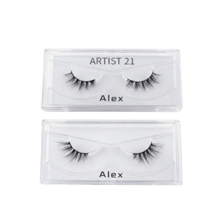 Artist 21 Alex false eyelashes set in clear rectangular plastic case.