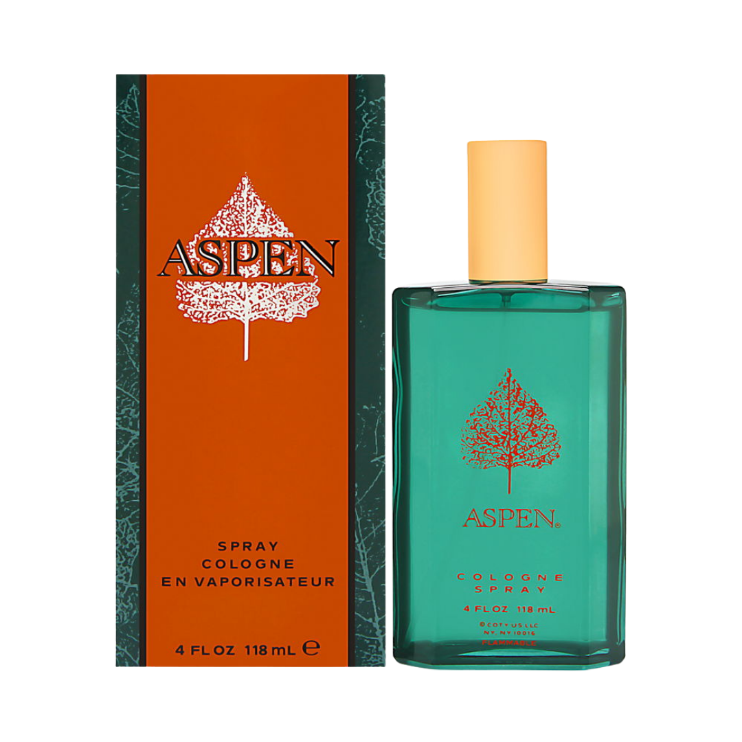 Aspen Cologne Spray, 118 ml (4 fl oz), with green packaging featuring a tree design.