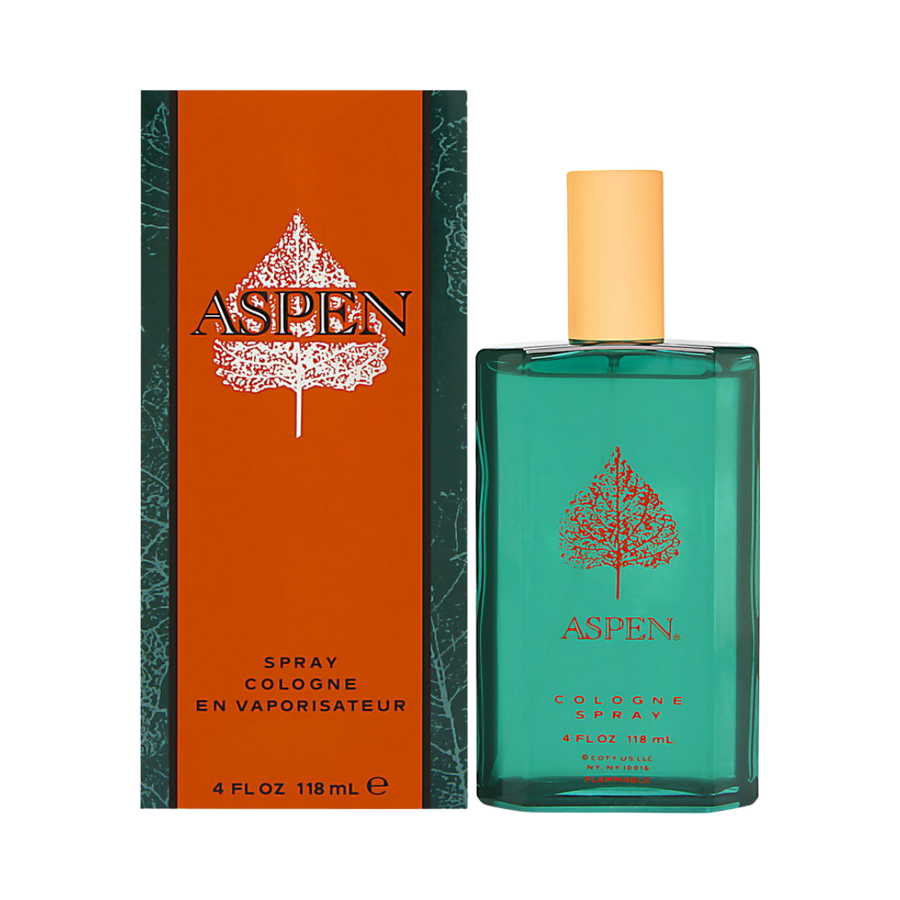Aspen Cologne Spray, 118 ml (4 fl oz), with green packaging featuring a tree design.