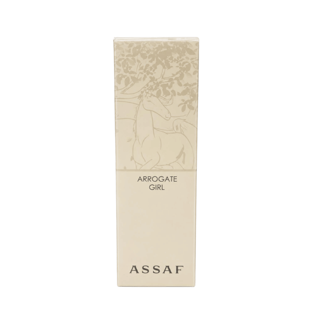 ASSAF Arrogate Girl perfume box 200ml with beige packaging and horse illustration.