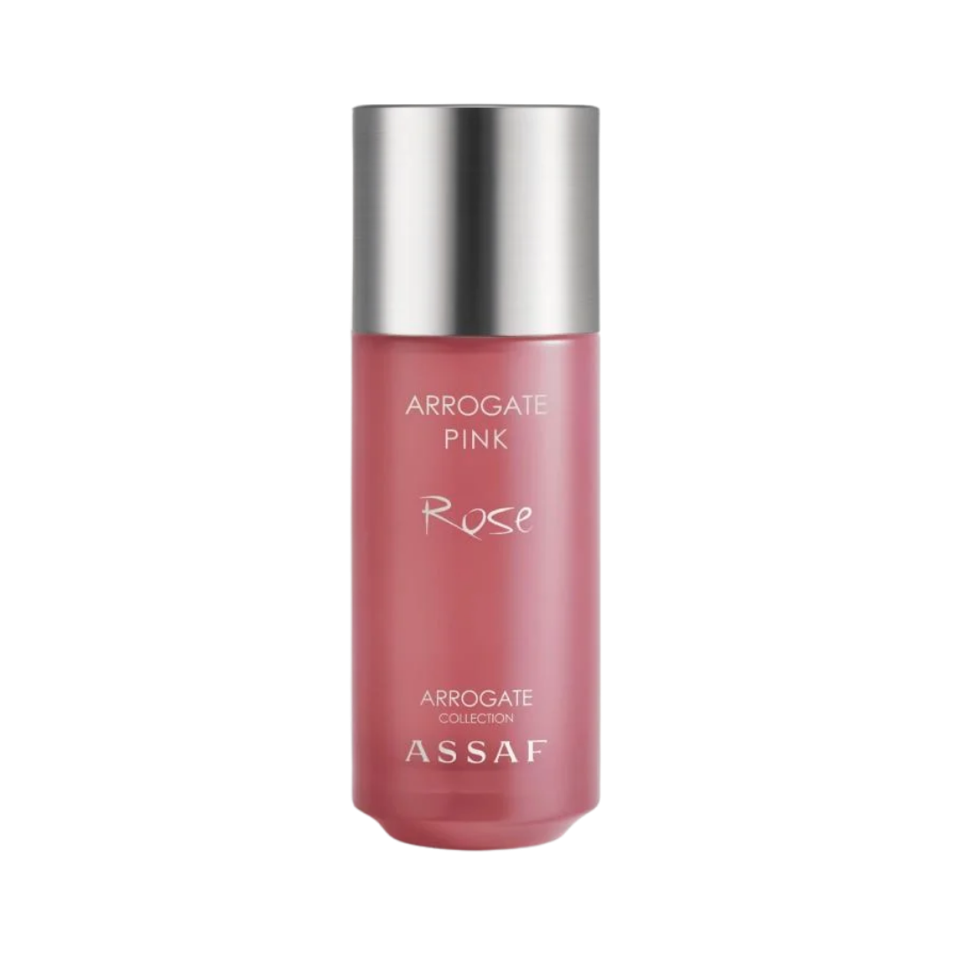 ASSAF Arrogate Pink Rose body spray bottle, pink cylindrical container with silver cap, labeled Arrogate Collection
