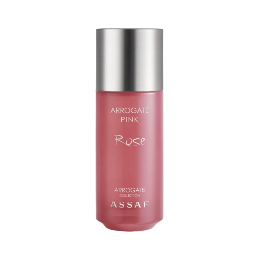 ASSAF Arrogate Pink Rose body spray bottle, pink cylindrical container with silver cap, labeled Arrogate Collection