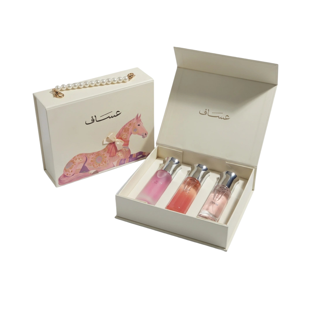 ASSAF Arrogate Collection perfume gift set with three 25ml bottles in a decorative box.