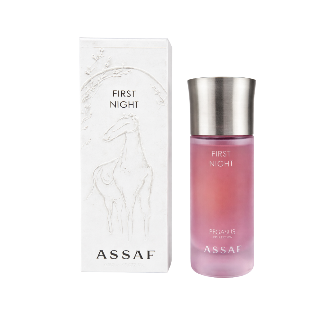ASSAF First Night Pegasus Collection perfume bottle, pink frosted glass with silver cap, white box packaging 50ml