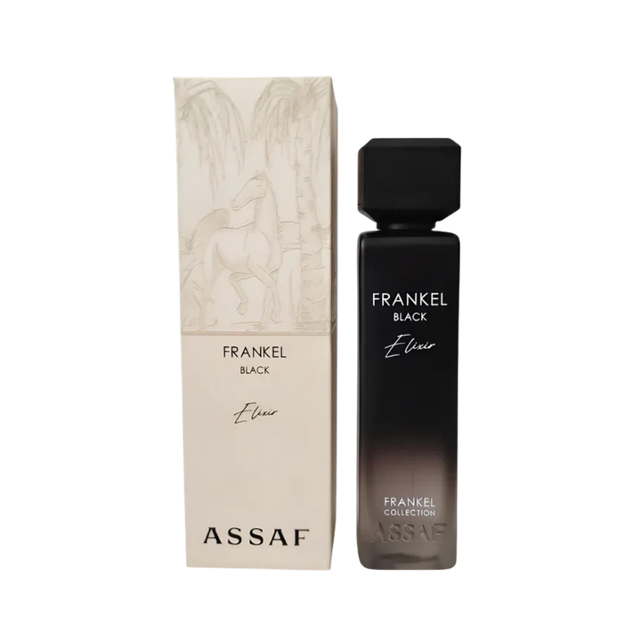 ASSAF Frankel Aventus Black Elixir men’s fragrance, 200ml, in a black rectangular bottle with beige box.