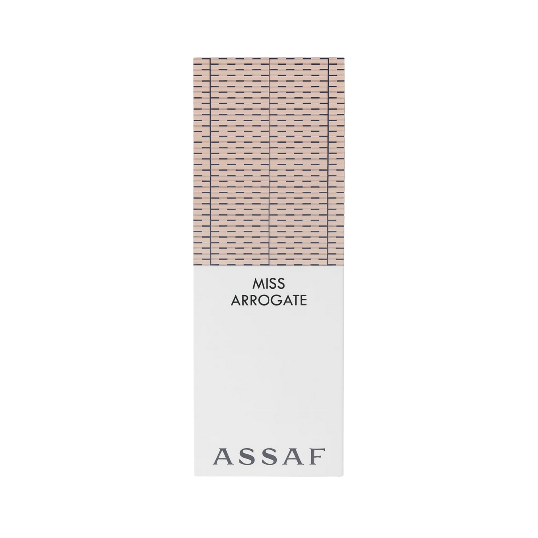 Assaf Miss Arrogate perfume rectangular box with beige patterned upper section and white lower packaging