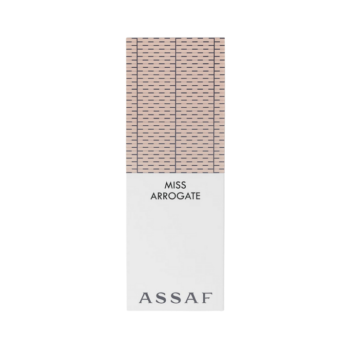 Assaf Miss Arrogate perfume rectangular box with beige patterned upper section and white lower packaging