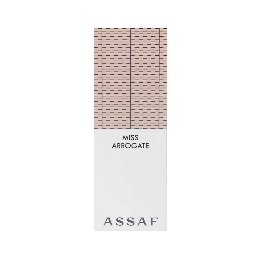 Assaf Miss Arrogate perfume rectangular box with beige patterned upper section and white lower packaging