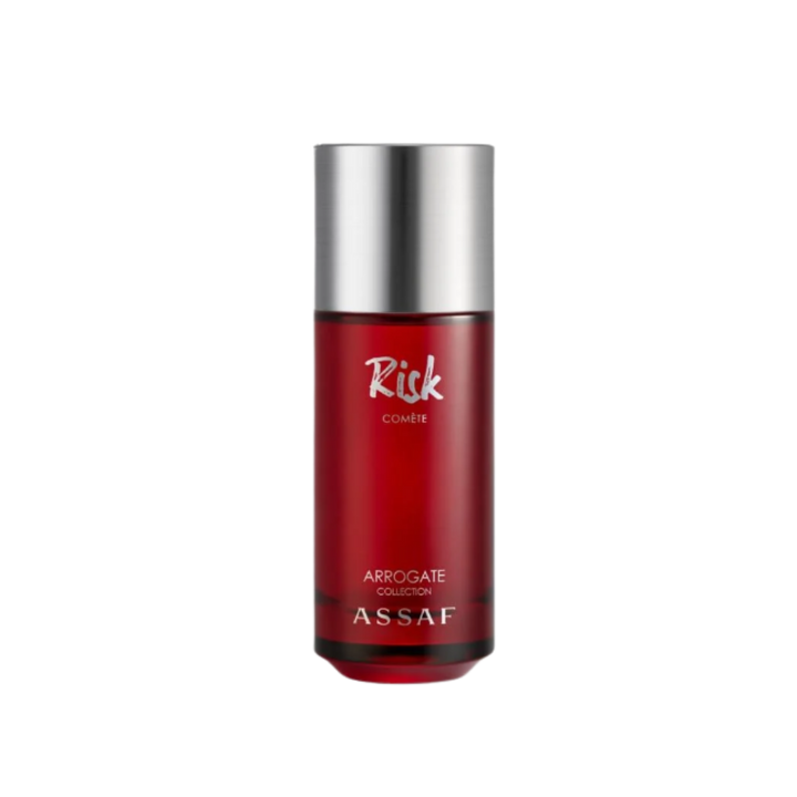Assaf Rick Comete perfume bottle, red cylindrical glass design with silver cap, Arrogate Collection fragrance.