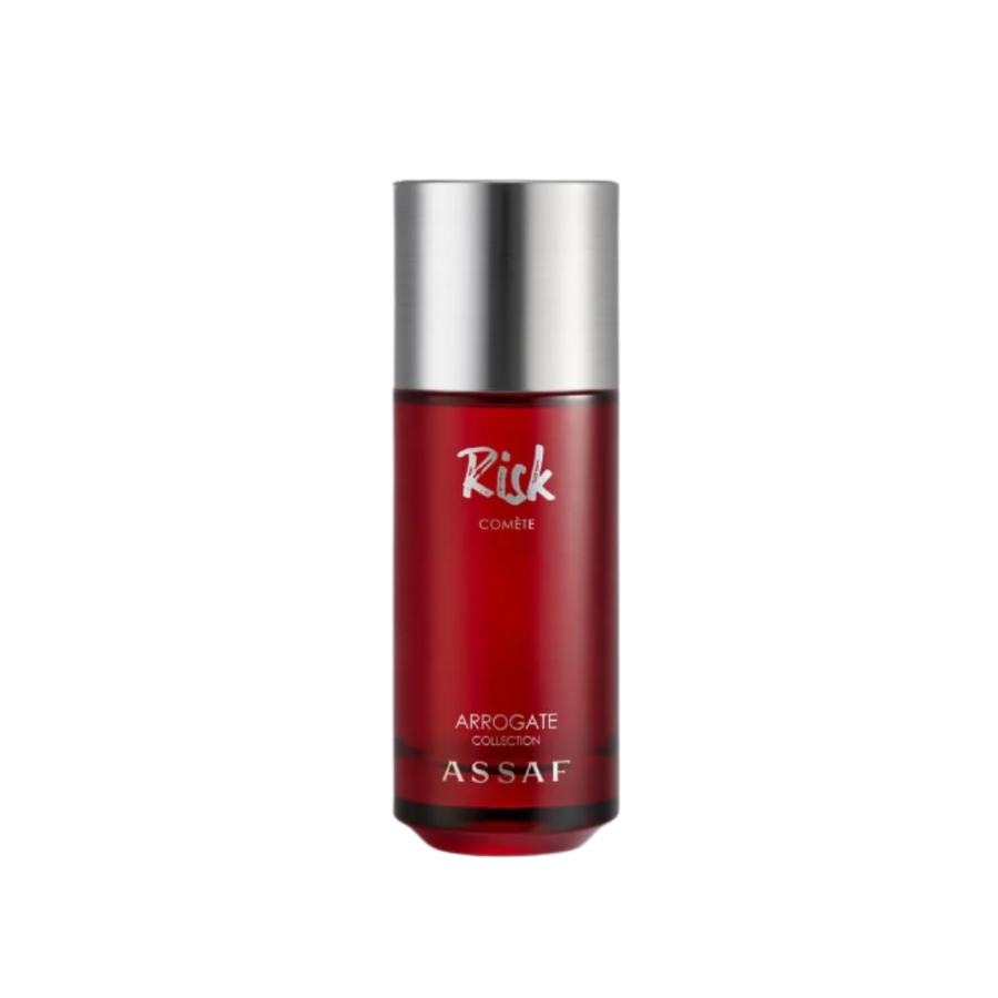 Assaf Rick Comete perfume bottle, red cylindrical glass design with silver cap, Arrogate Collection fragrance.