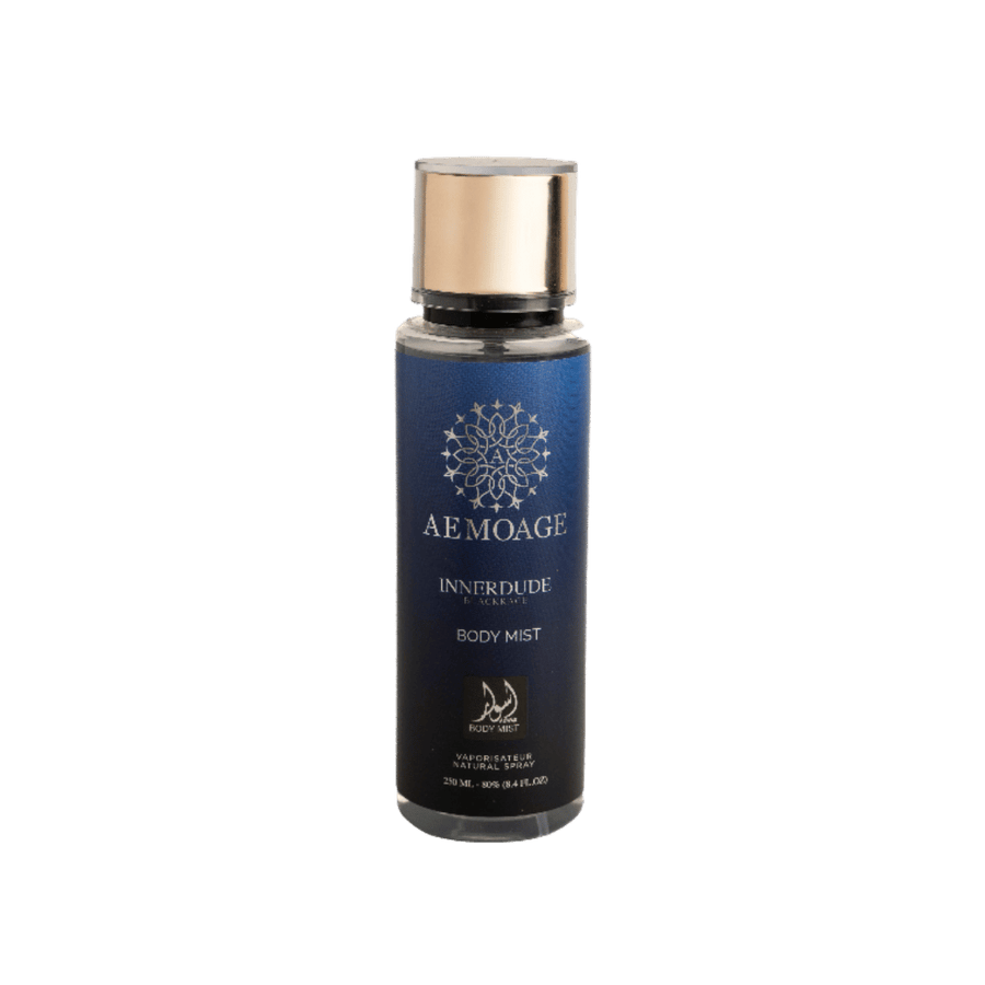 Aemoage Innerdude body mist 250ml dark blue bottle with gold cap and decorative logo