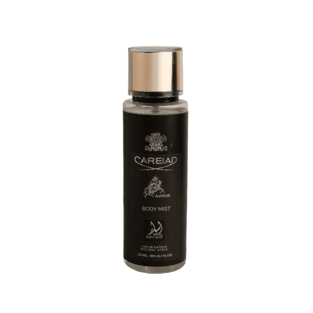 Carelad Avinos body mist 250ml black bottle with gold cap and printed logo