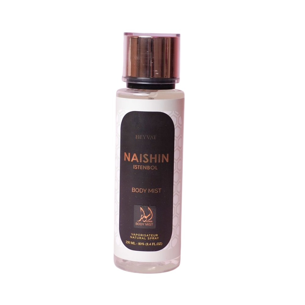 Heyvat Naishin Istenbol women body mist, clear cylindrical bottle with black label, gold cap, 250 ml.