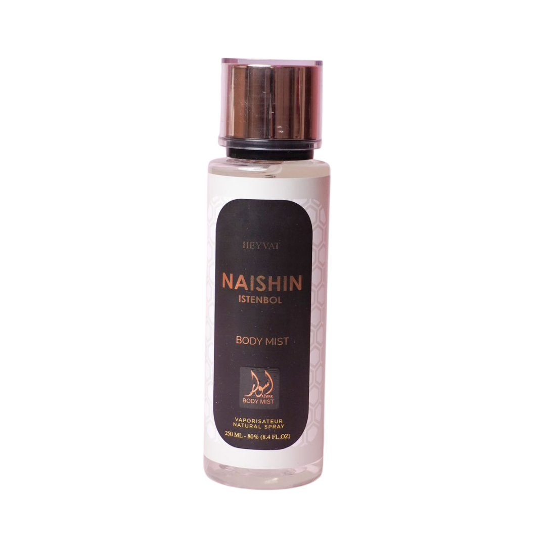 Heyvat Naishin Istenbol women body mist, clear cylindrical bottle with black label, gold cap, 250 ml.
