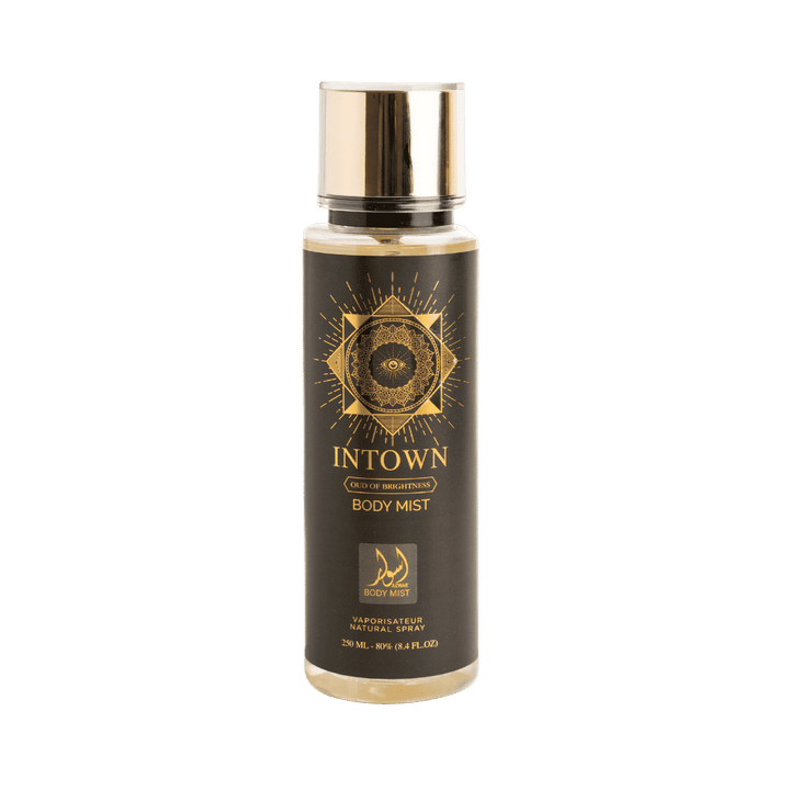 INTOWN Oud of Brightness Body Mist 250ml with visible packaging, brand name, and spray details.