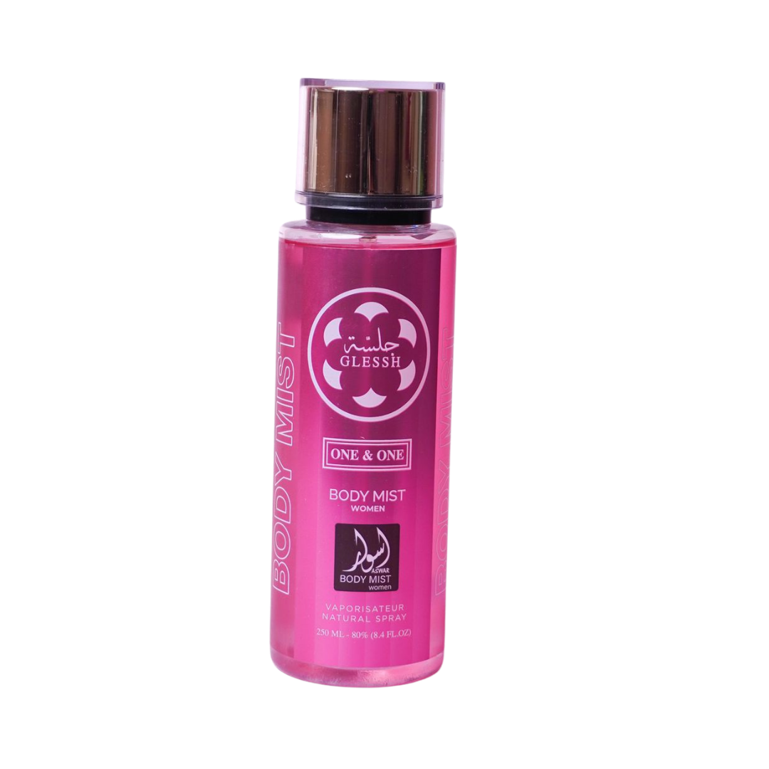 Glessh One & One body mist for women, pink cylindrical bottle with black cap, 250 ml spray