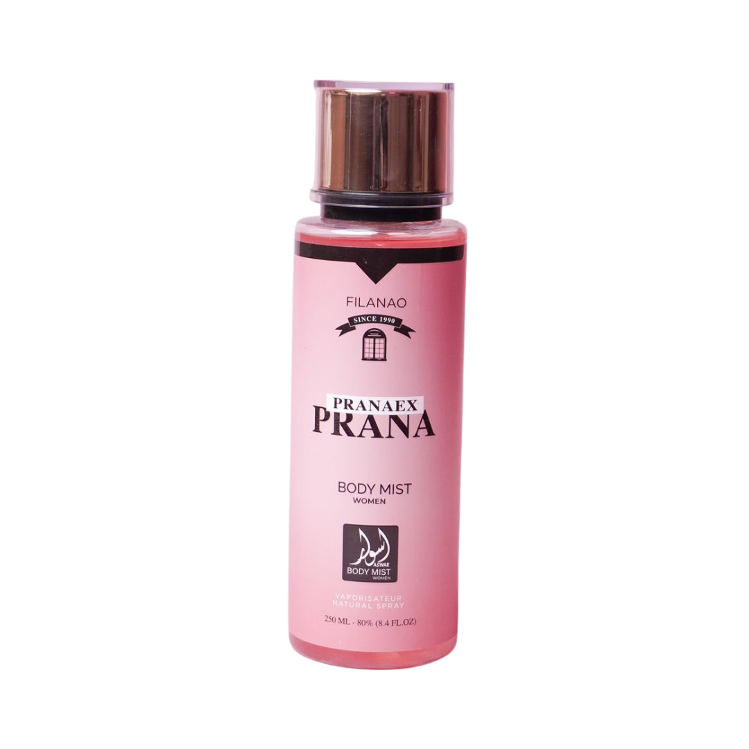Filanao Pranaex Prana body mist for women, pink bottle with black cap, 250 ml spray packaging