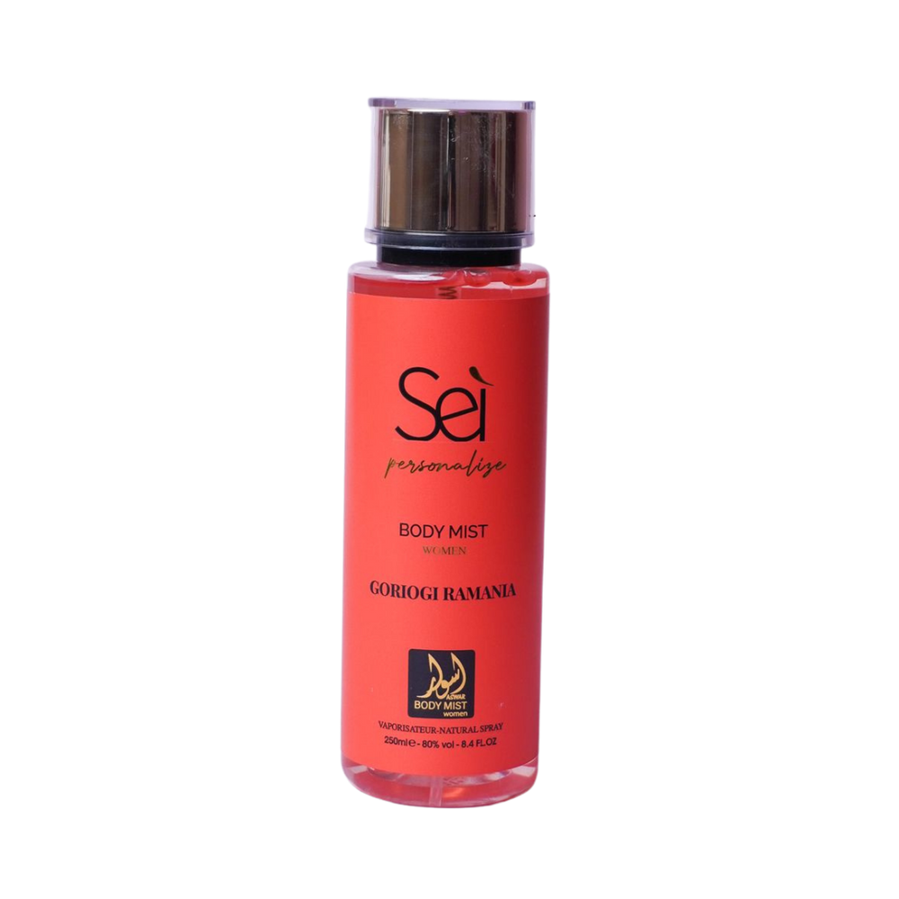 Sei Personalize women body mist Goriogi Rmania, red cylindrical bottle with black cap, 250 ml.
