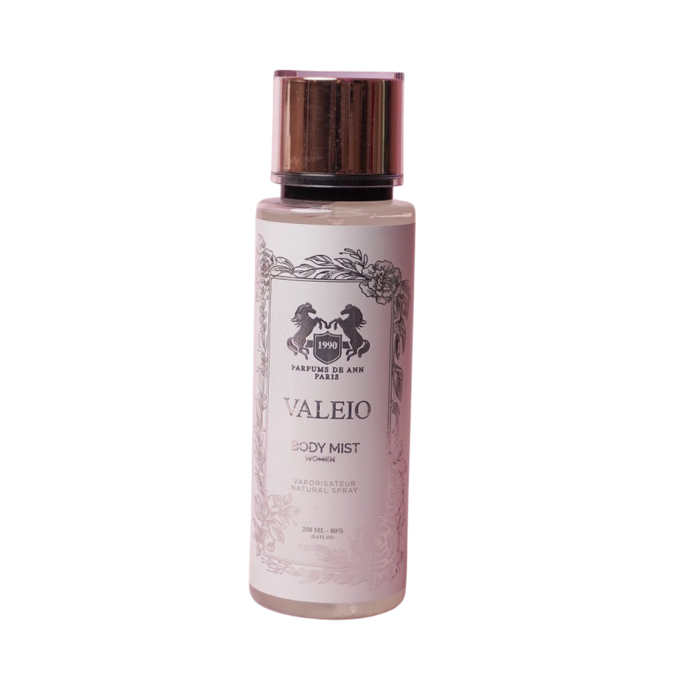 Parfums DB Ann Paris Valeio body mist for women, light pink bottle with black cap, 250 ml spray