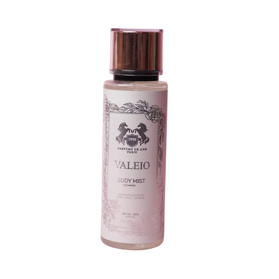 Parfums DB Ann Paris Valeio body mist for women, light pink bottle with black cap, 250 ml spray