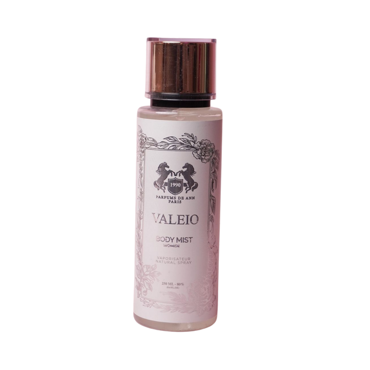 Parfums DB Ann Paris Valeio body mist for women, light pink bottle with black cap, 250 ml spray