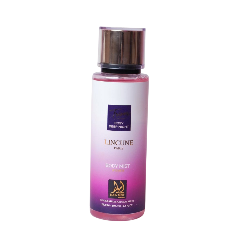 Lincune Paris Rosy Deep Night women body mist, pink gradient cylindrical bottle with metallic cap, 250 ml.