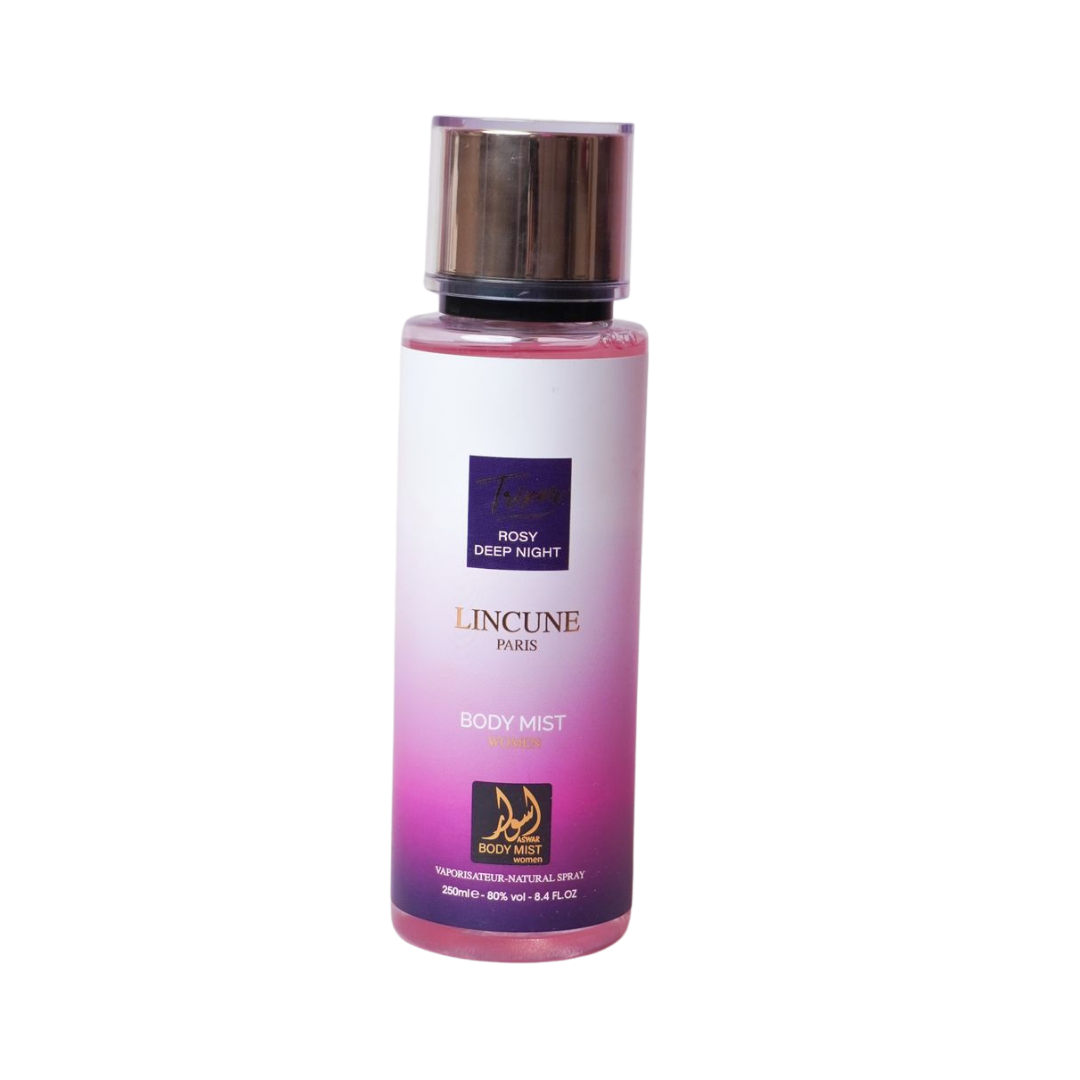 Lincune Paris Rosy Deep Night women body mist, pink gradient cylindrical bottle with metallic cap, 250 ml.