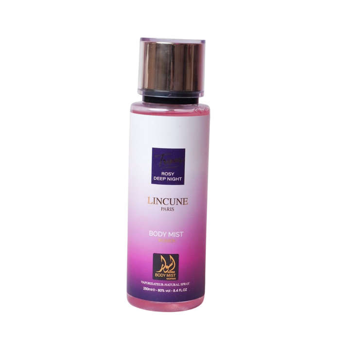 Lincune Paris Rosy Deep Night women body mist, pink gradient cylindrical bottle with metallic cap, 250 ml.