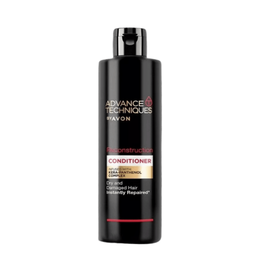 AVON Advance Techniques Reconstruction conditioner, 250ml, black bottle with red accents for dry damaged hair.