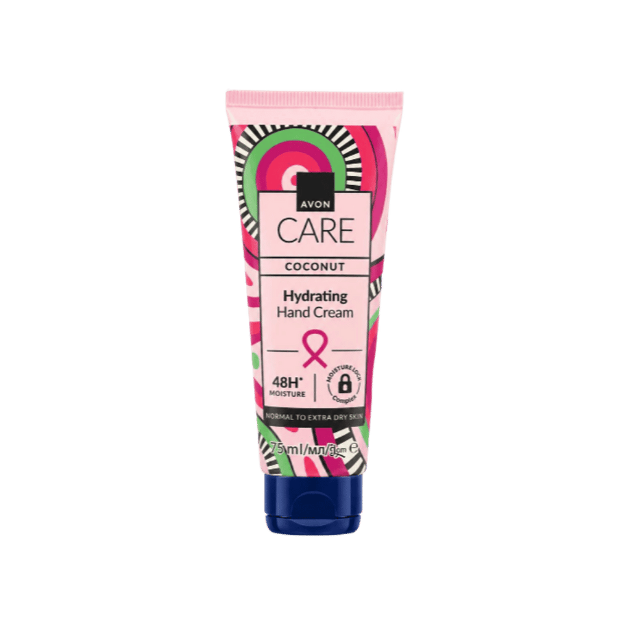 Avon Care Coconut Hydrating Hand Cream, 75ml, pink patterned squeeze tube with dark blue flip cap.