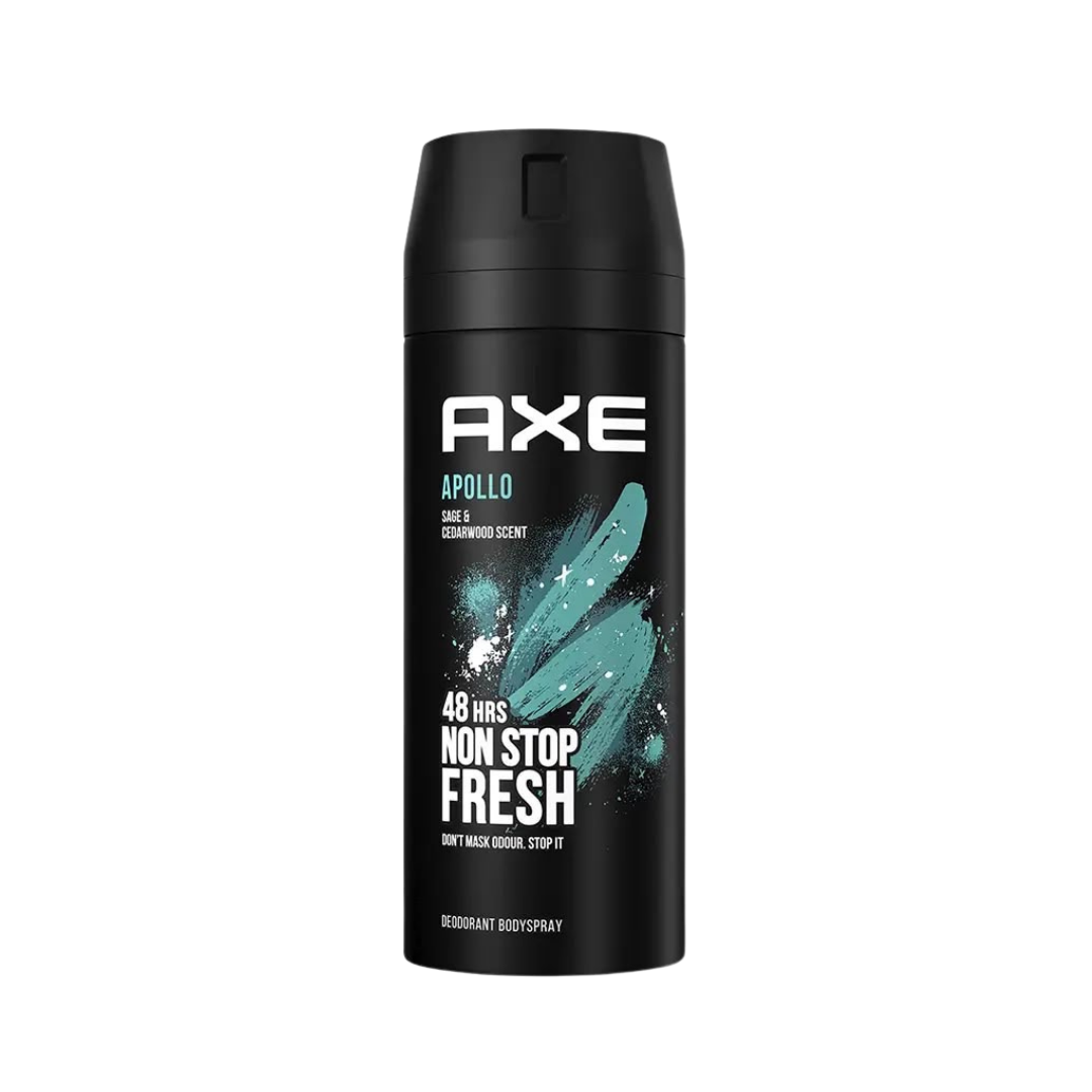 AXE Apollo Deodorant Body Spray 150ml black can with teal graphics and 48H fresh label