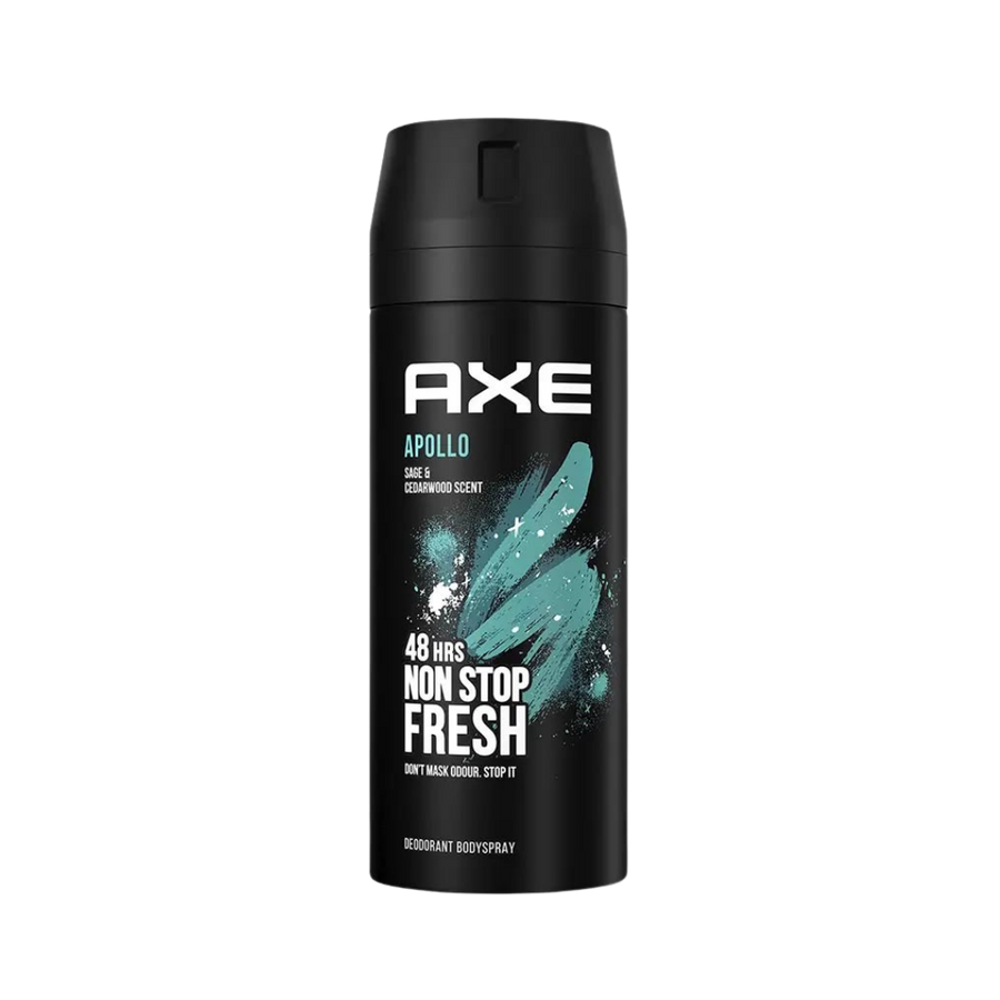 AXE Apollo Deodorant Body Spray 150ml black can with teal graphics and 48H fresh label