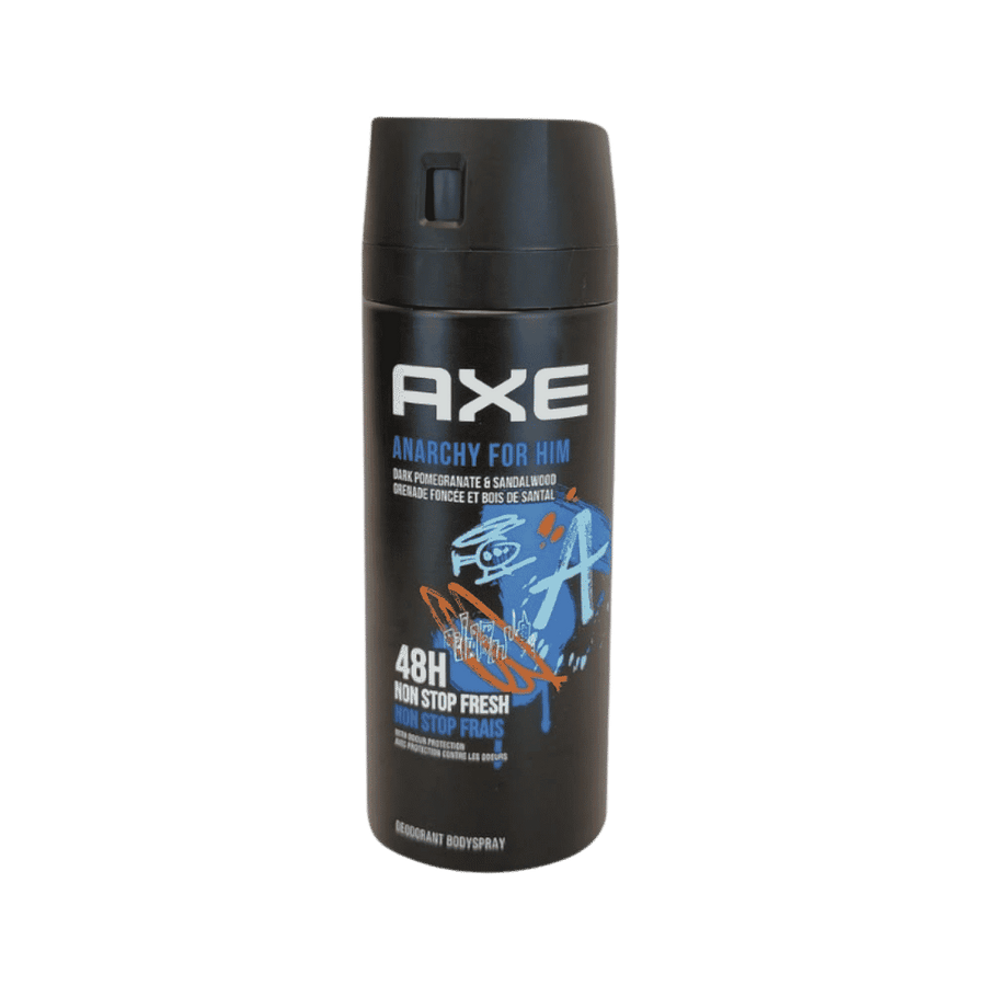 AXE Anarchy For Him deodorant body spray, black aerosol can with blue orange graphics