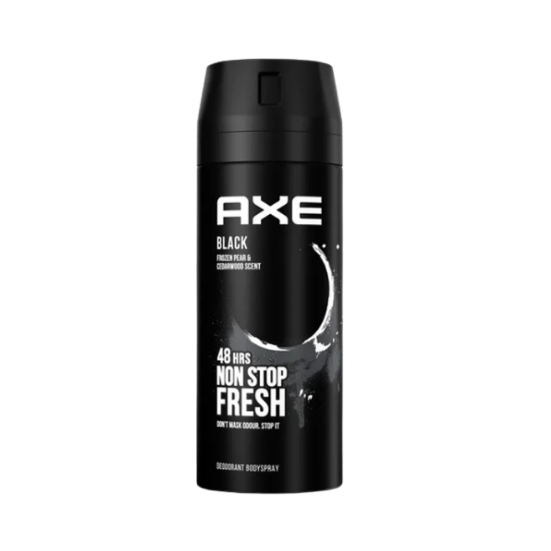 Axe Black deodorant body spray, frozen pear and cedarwood scent, black aerosol can, 48 hours fresh