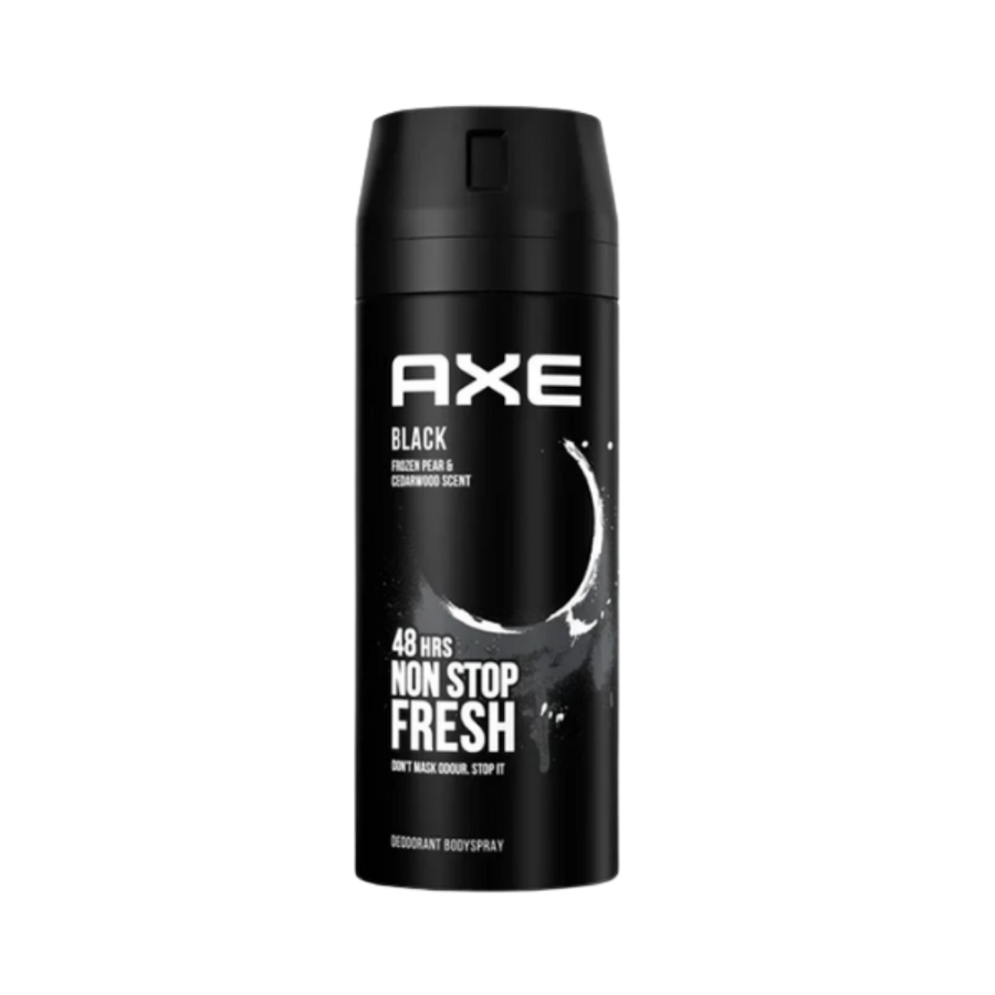 Axe Black deodorant body spray, frozen pear and cedarwood scent, black aerosol can, 48 hours fresh