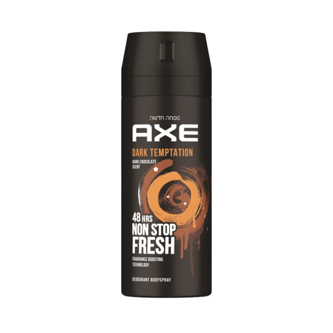 Axe Dark Temptation deodorant body spray, dark chocolate scent, black aerosol can, 48 hours fresh