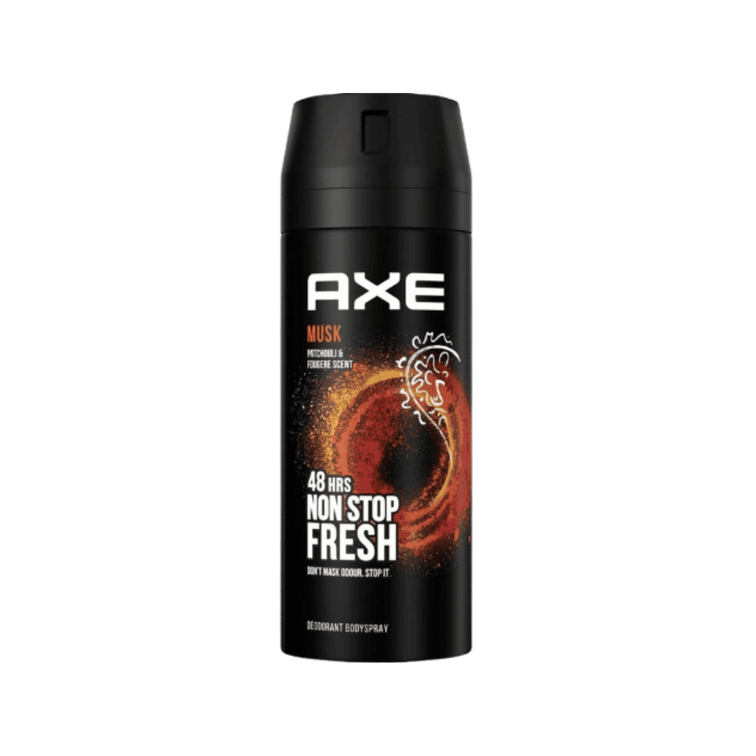 AXE Musk deodorant body spray, black aerosol can with orange swirl graphic, 150ml