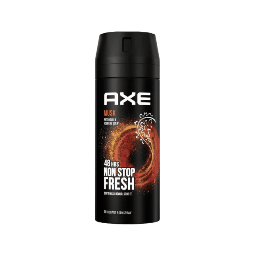 AXE Musk deodorant body spray, black aerosol can with orange swirl graphic, 150ml