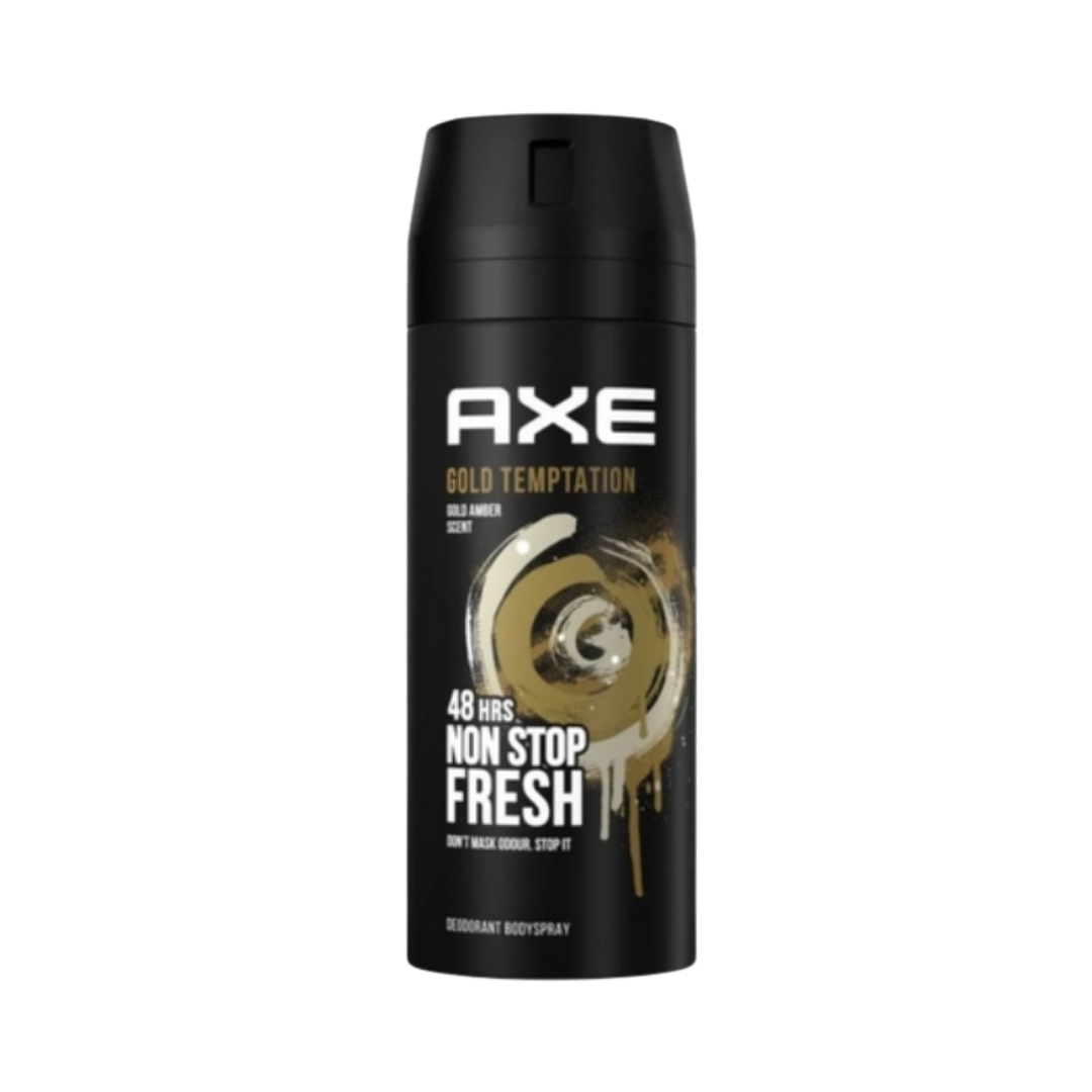 Axe Gold Temptation body spray deodorant, black aerosol can with gold swirl graphic and white lettering