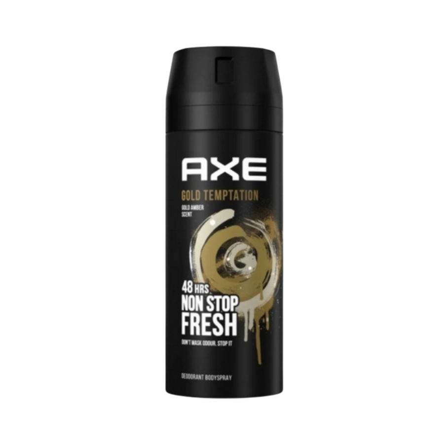 Axe Gold Temptation body spray deodorant, black aerosol can with gold swirl graphic and white lettering