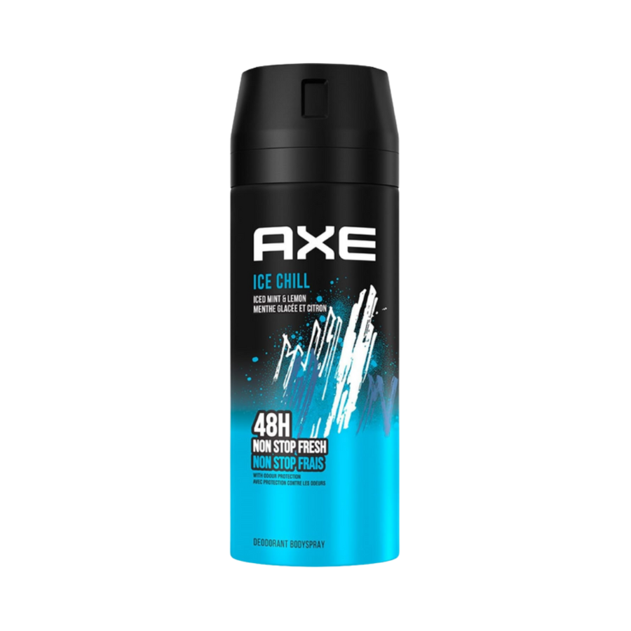 Axe Ice Chill deodorant body spray, iced mint and lemon scent, black and blue aerosol can
