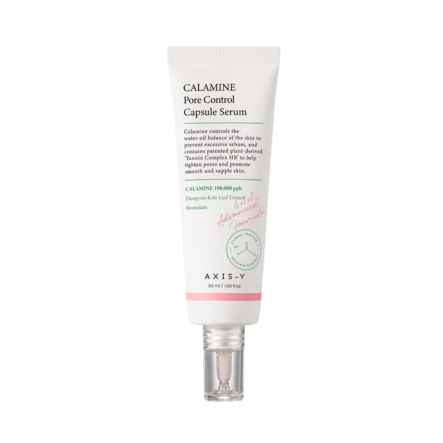 AXIS-Y Calamine Pore Control Capsule Serum, 50 ml white squeeze tube with clear pump dispenser
