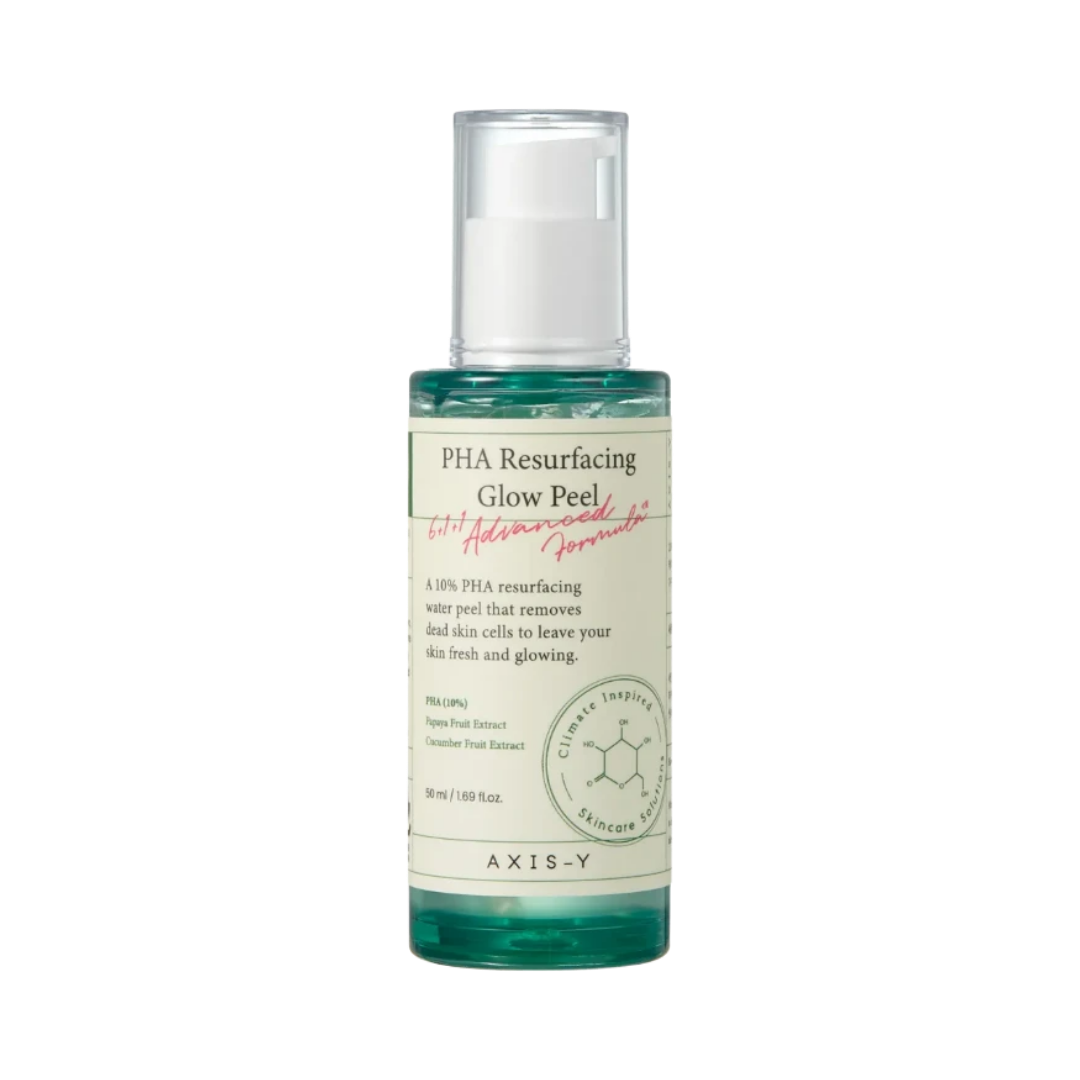 AXIS-Y PHA Resurfacing Glow Peel, 50 ml, clear green liquid bottle with white pump dispenser