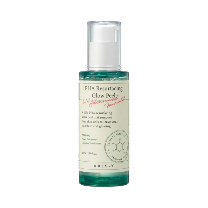 AXIS-Y PHA Resurfacing Glow Peel, 50 ml, clear green liquid bottle with white pump dispenser