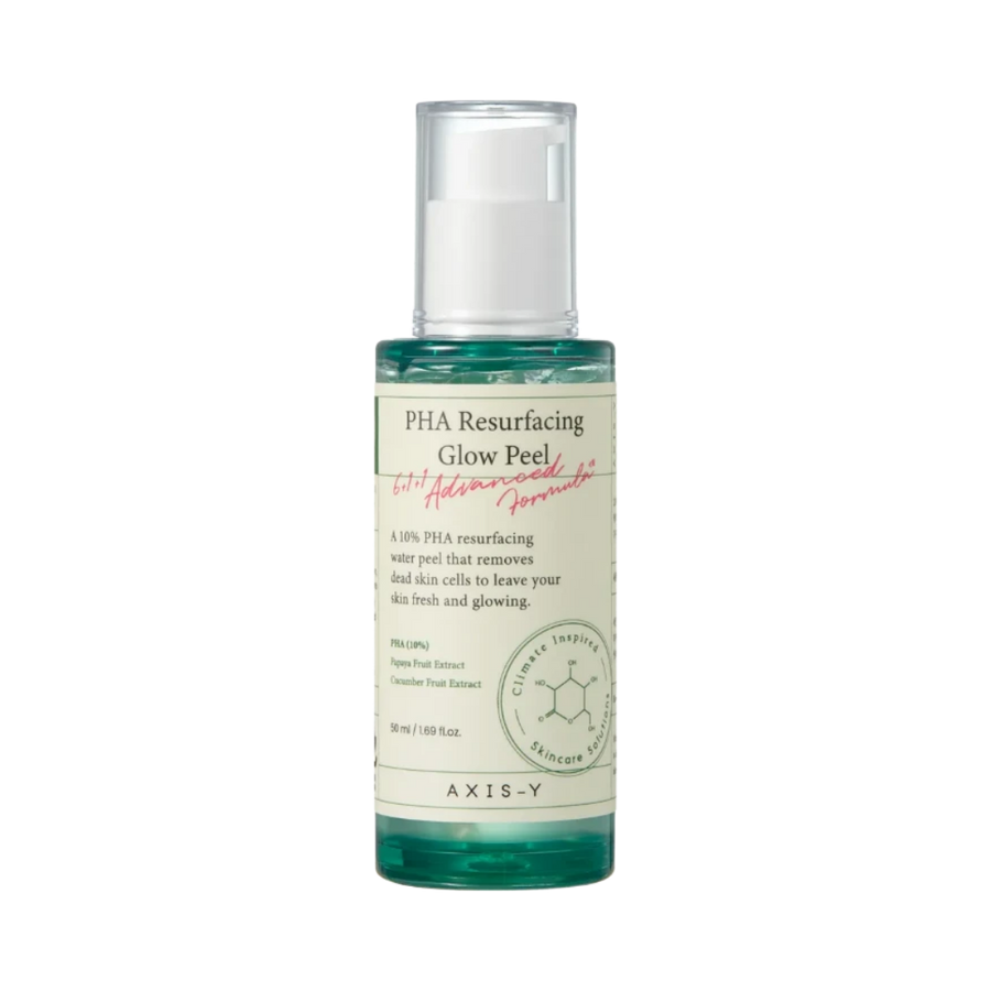 AXIS-Y PHA Resurfacing Glow Peel, 50 ml, clear green liquid bottle with white pump dispenser