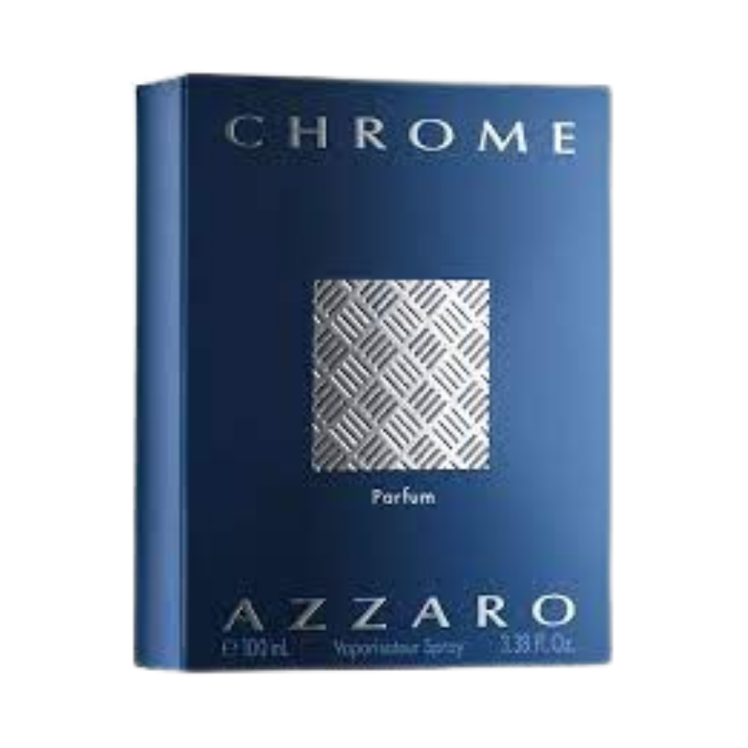 Azzaro Chrome Parfum, 100ml, blue box with silver detailing and square pattern, Eau de Parfum.