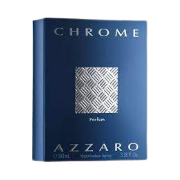 Azzaro Chrome Parfum, 100ml, blue box with silver detailing and square pattern, Eau de Parfum.
