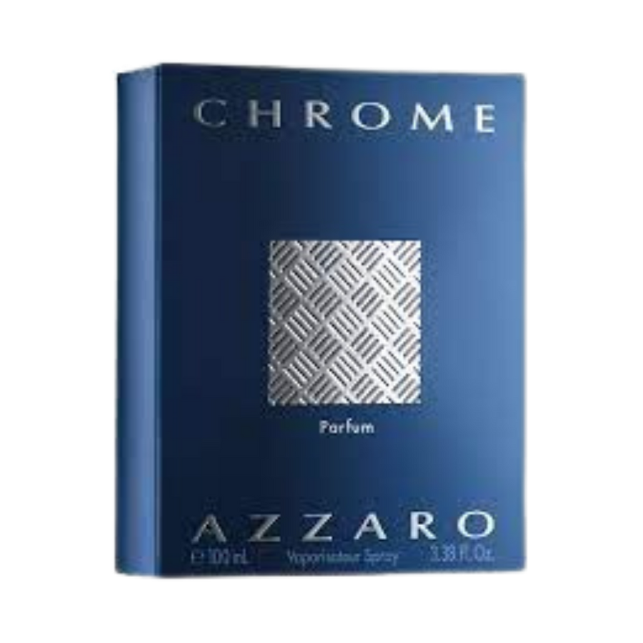 Azzaro Chrome Parfum, 100ml, blue box with silver detailing and square pattern, Eau de Parfum.