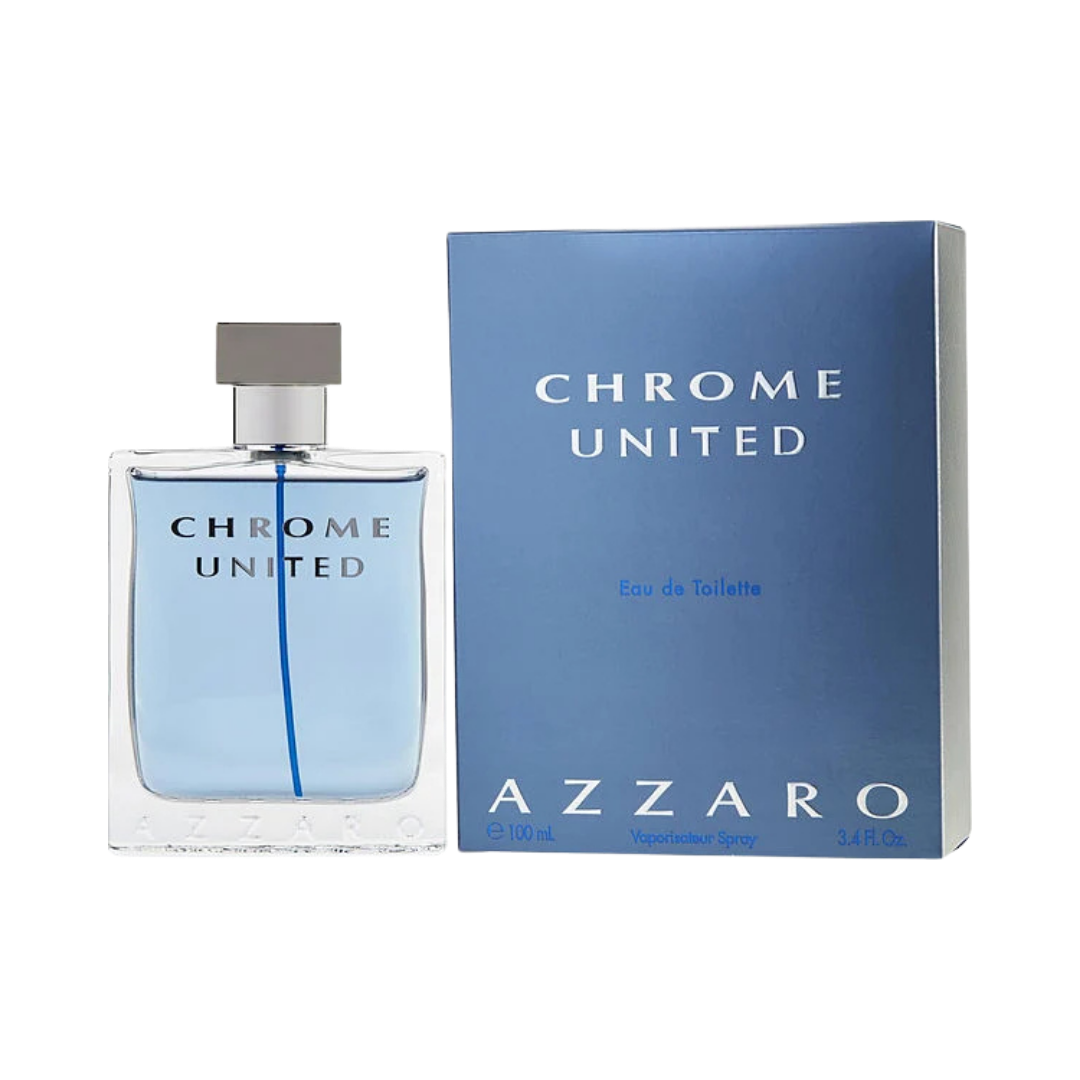 Azzaro Chrome United Eau de Toilette, 100ml, clear bottle with silver cap, blue packaging with white text.