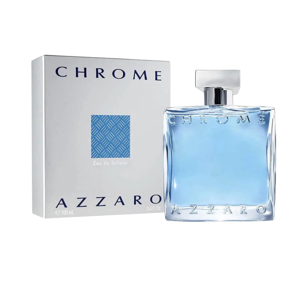 Azzaro Chrome Eau de Toilette, 100ml, blue square bottle with silver cap, packaged in a white box with blue details.